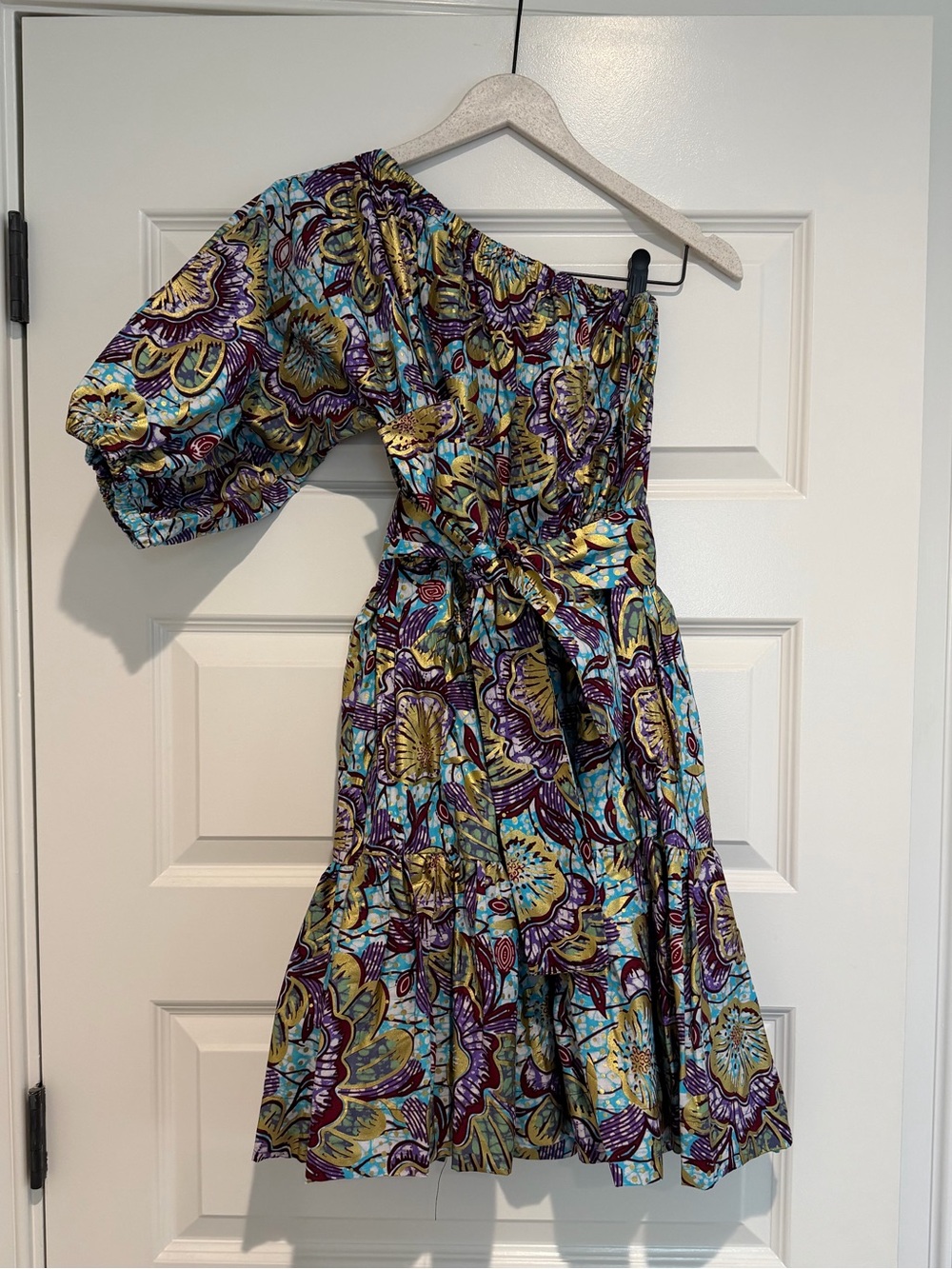 One-Shoulder Floral Print Dress in Teal & Purple